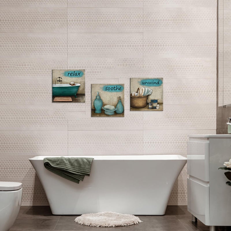 iHAPPYWALL 3 Pieces Bathroom Canvas Wall Art Teal Style Bathtub Bath Set Towel Relax Soothe Unwind Bathroom Still Life Picture Poster Print Stretched and Framed Ready To Hang - Image 5
